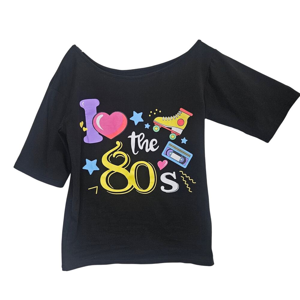 Parttely I Love the 80s Graphic T-Shirt Women's Medium Black Retro Tee